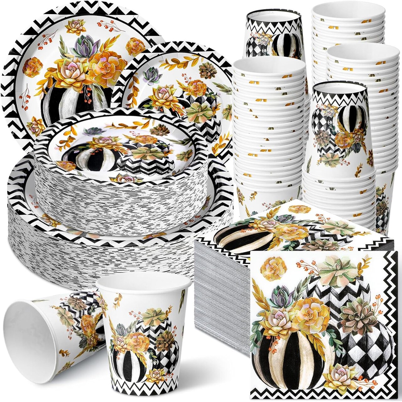 250Pcs Thanksgiving Tableware Sets - Plates, Napkins, Cups Serves 50 Guests (Black and White Pumpkin)